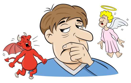 An angel and a demon on a man's shoulders